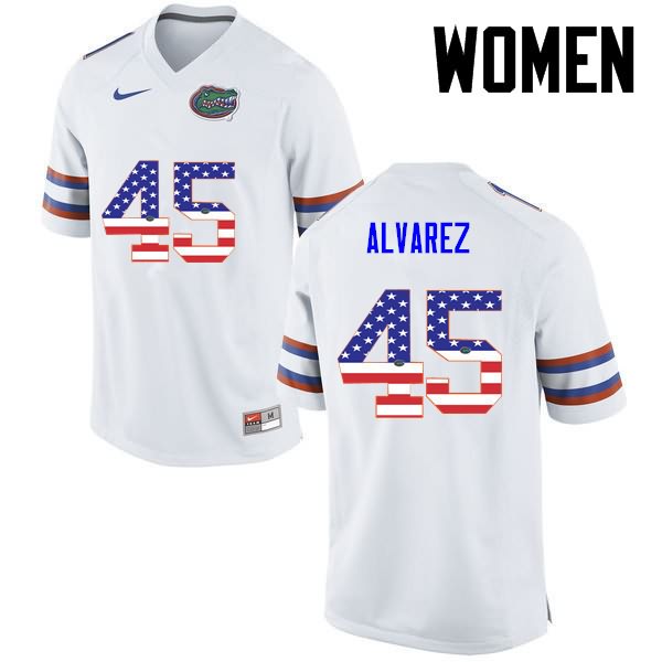 Women's NCAA Florida Gators Carlos Alvarez #45 Stitched Authentic USA Flag Fashion Nike White College Football Jersey TUE7365BV